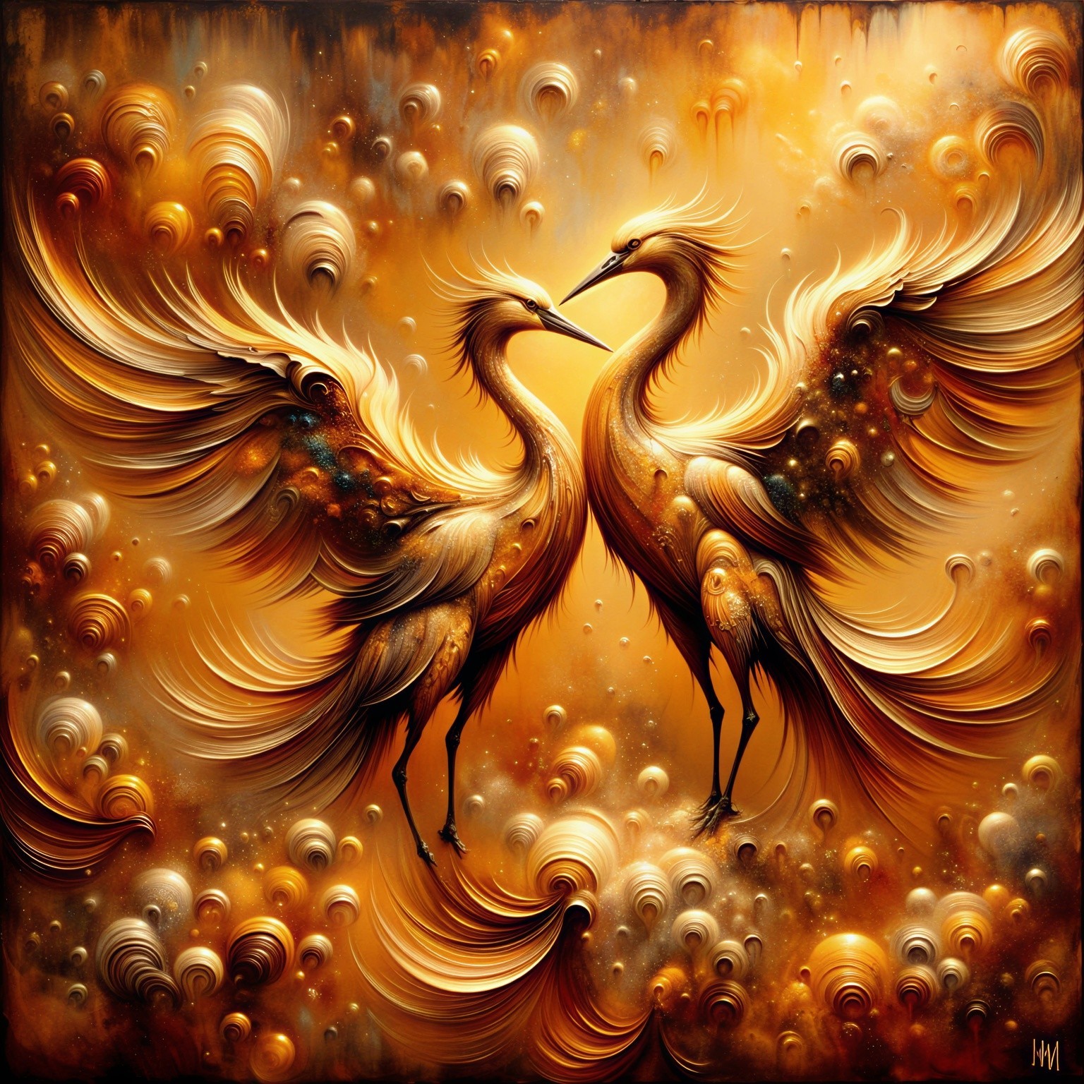 Elegant birds with gold and orange feathery plumage