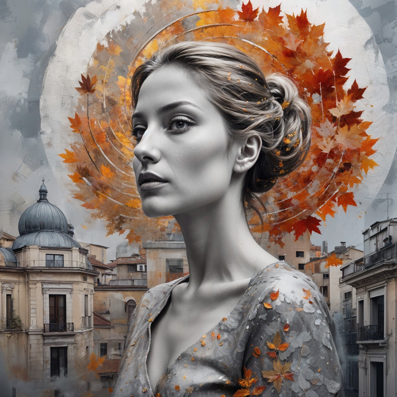 Serene Woman in Urban Setting with Autumn Leaves