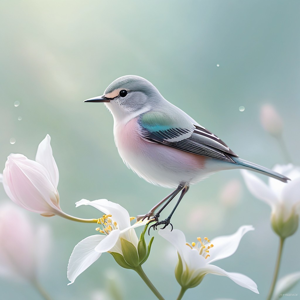 Pale Blue Bird Perched on White Flower with Yellow Stamens