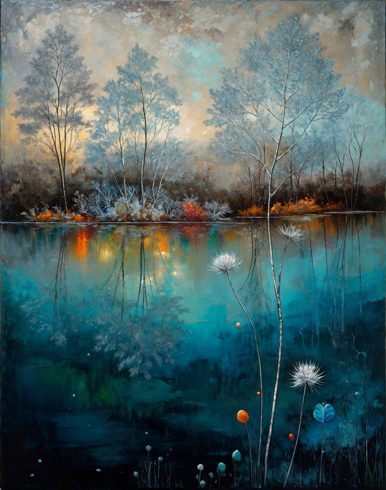 Serene Landscape with Tranquil Lake and Frosted Trees