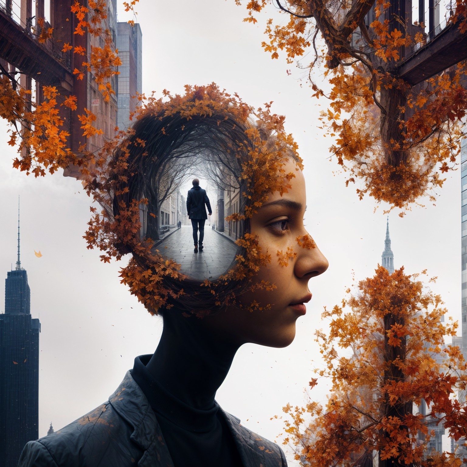 Surreal Urban Landscape with Woman and Autumn Leaves
