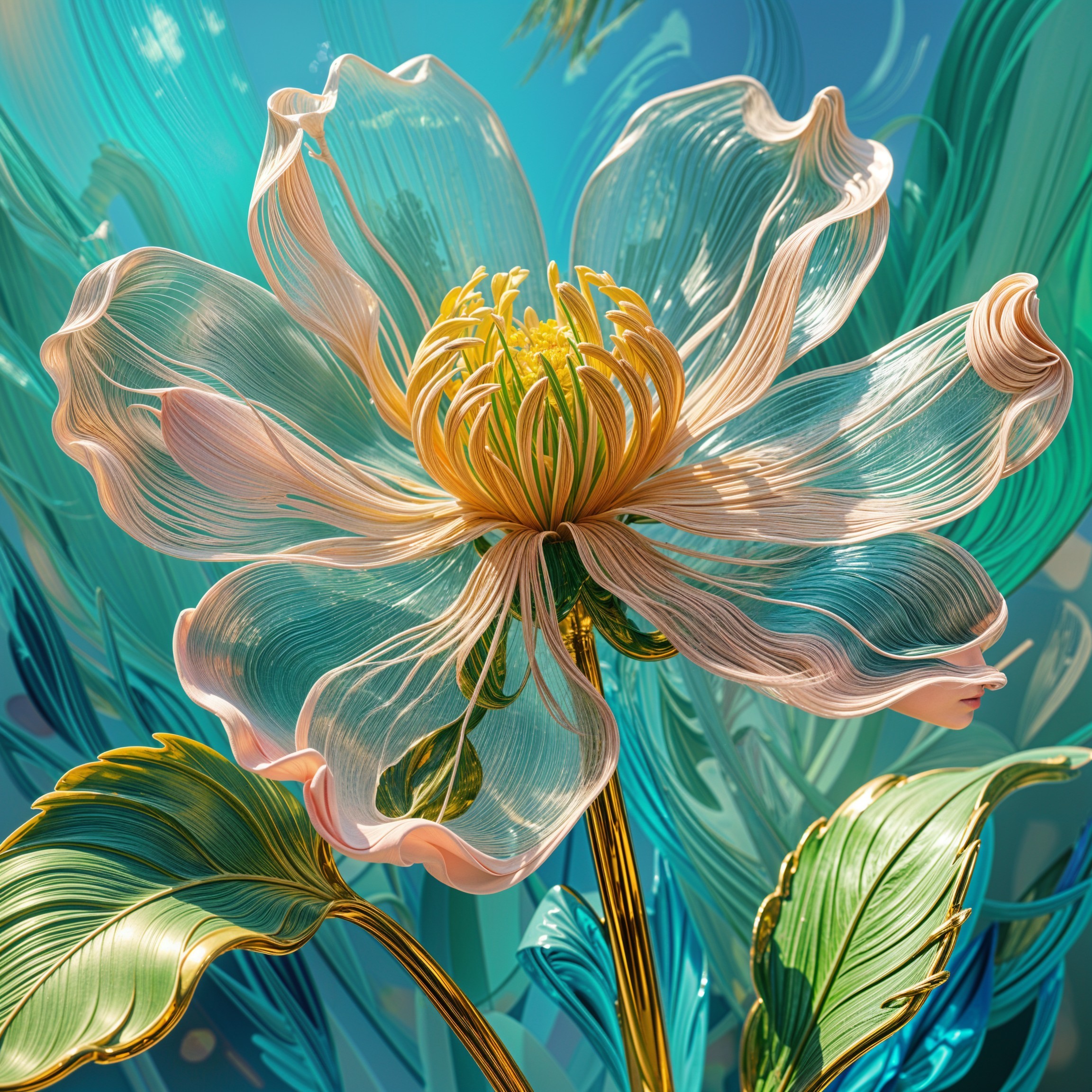 Ethereal flower with pastel petals on blue background