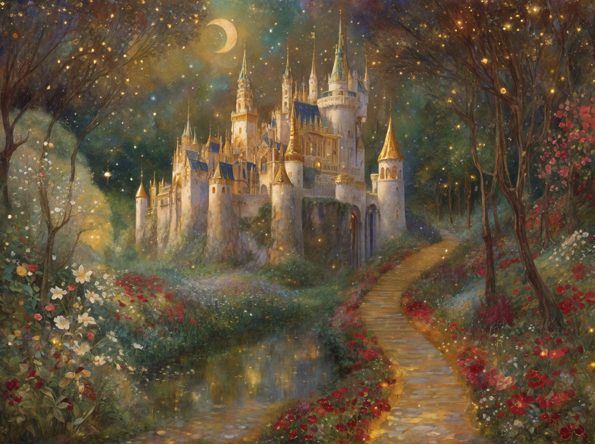 Majestic castle in an enchanting landscape at night