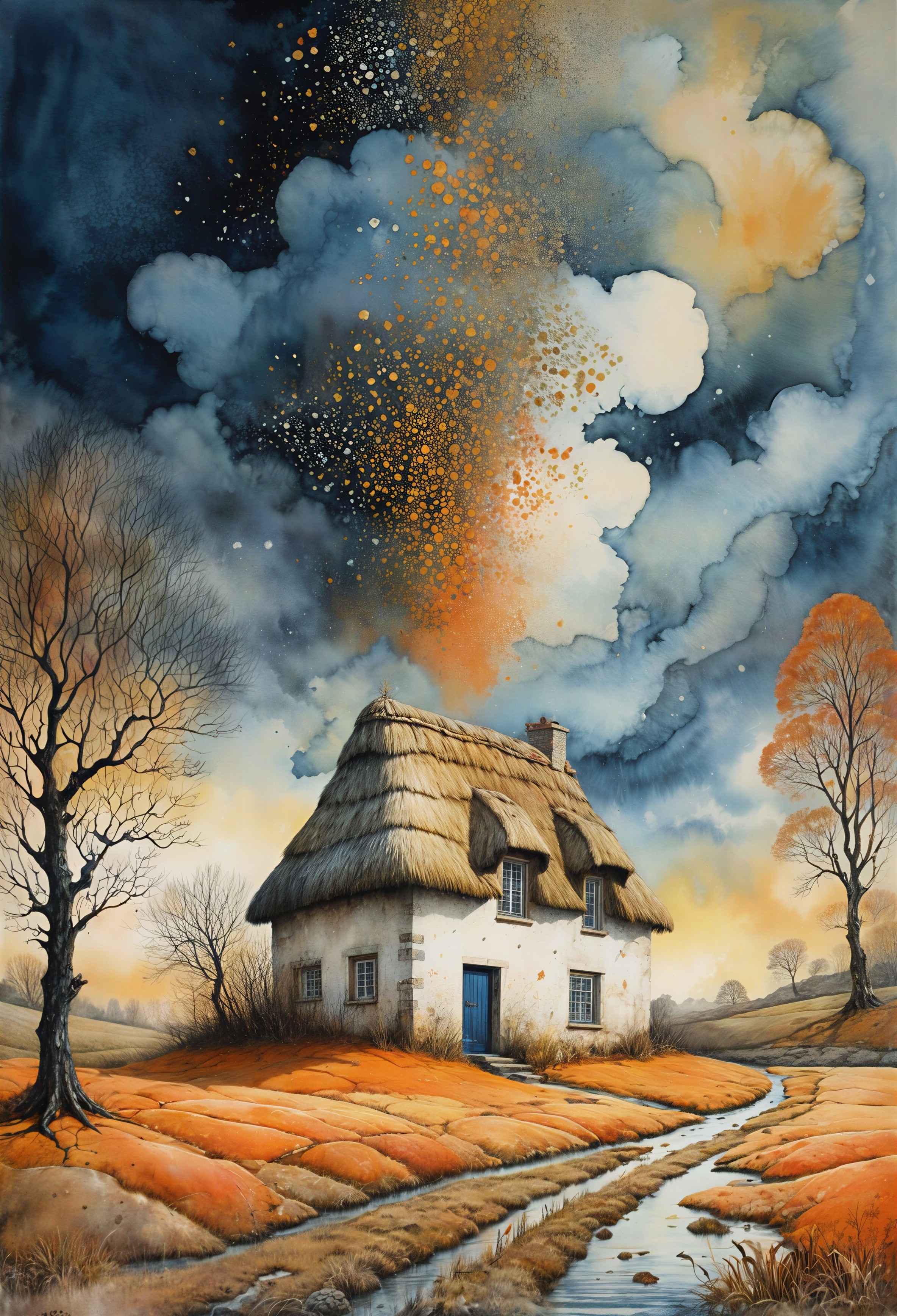 Whimsical Cottage in an Orange Landscape with Clouds
