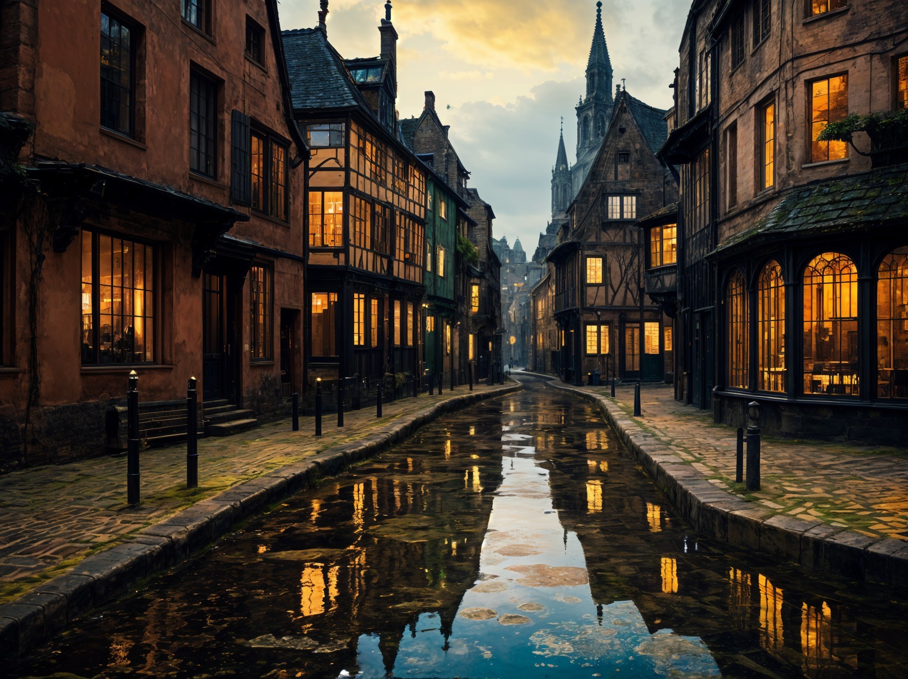 Historic Cobblestone Street with Canal at Dusk