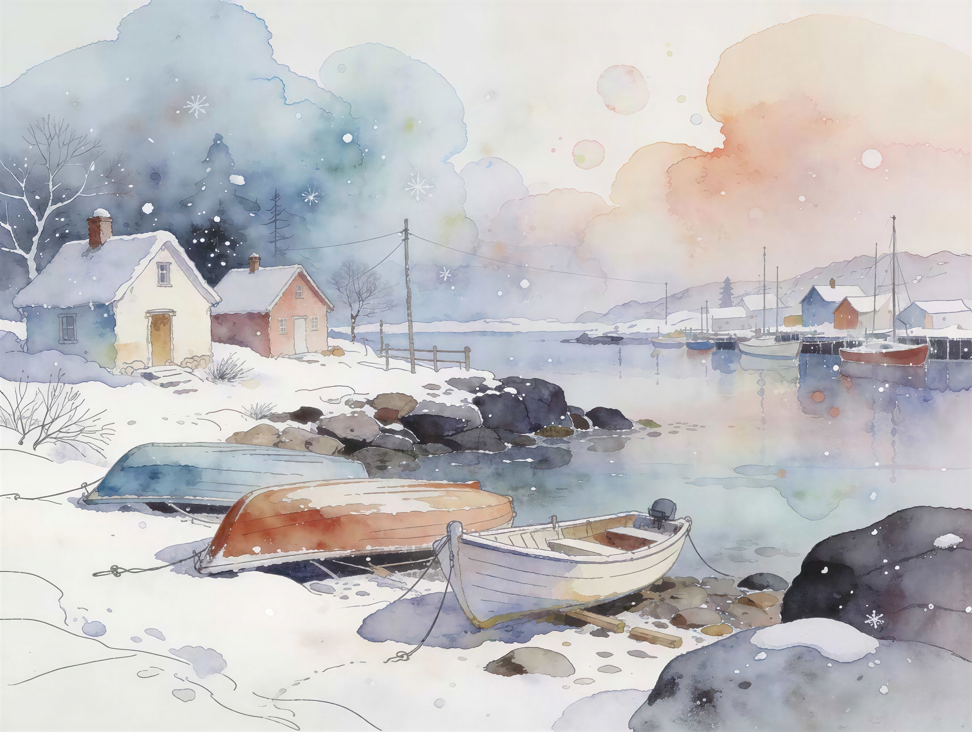 Winter Village Scene with Watercolor and Snowy Landscape