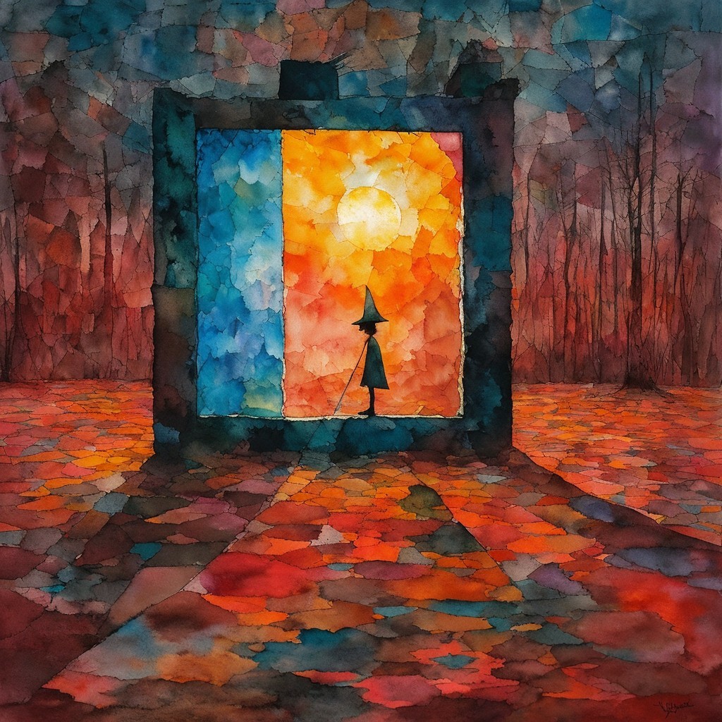 Whimsical Watercolor Scene with Silhouette and Portal