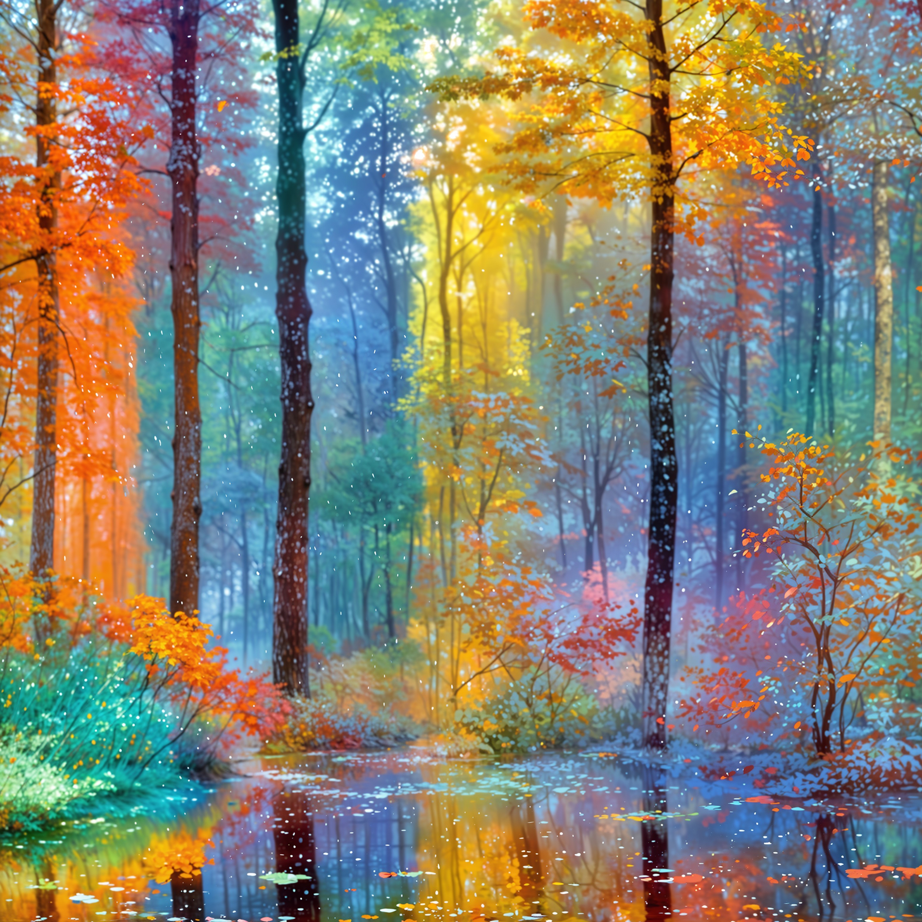 Vibrant Autumn Forest Reflected in a Serene Pond