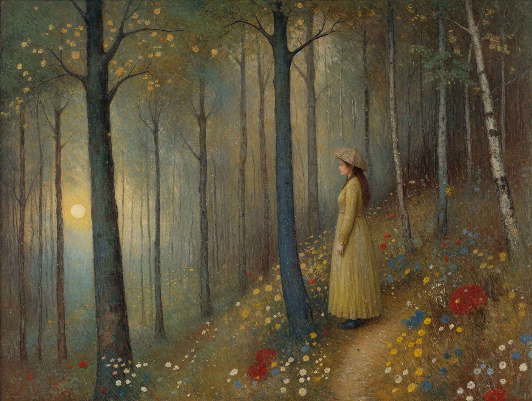 Serene Forest Scene with Girl in Yellow Dress