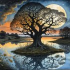 Mystical Twilight Scene with Ancient Tree and Wolves