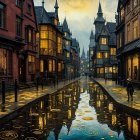 Historic Cobblestone Street with Canal at Dusk