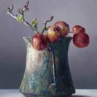 Turquoise Ceramic Vase with Red Apples and Greenery