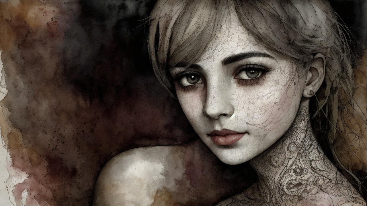 Close-Up Portrait of Young Woman with Watercolor Background