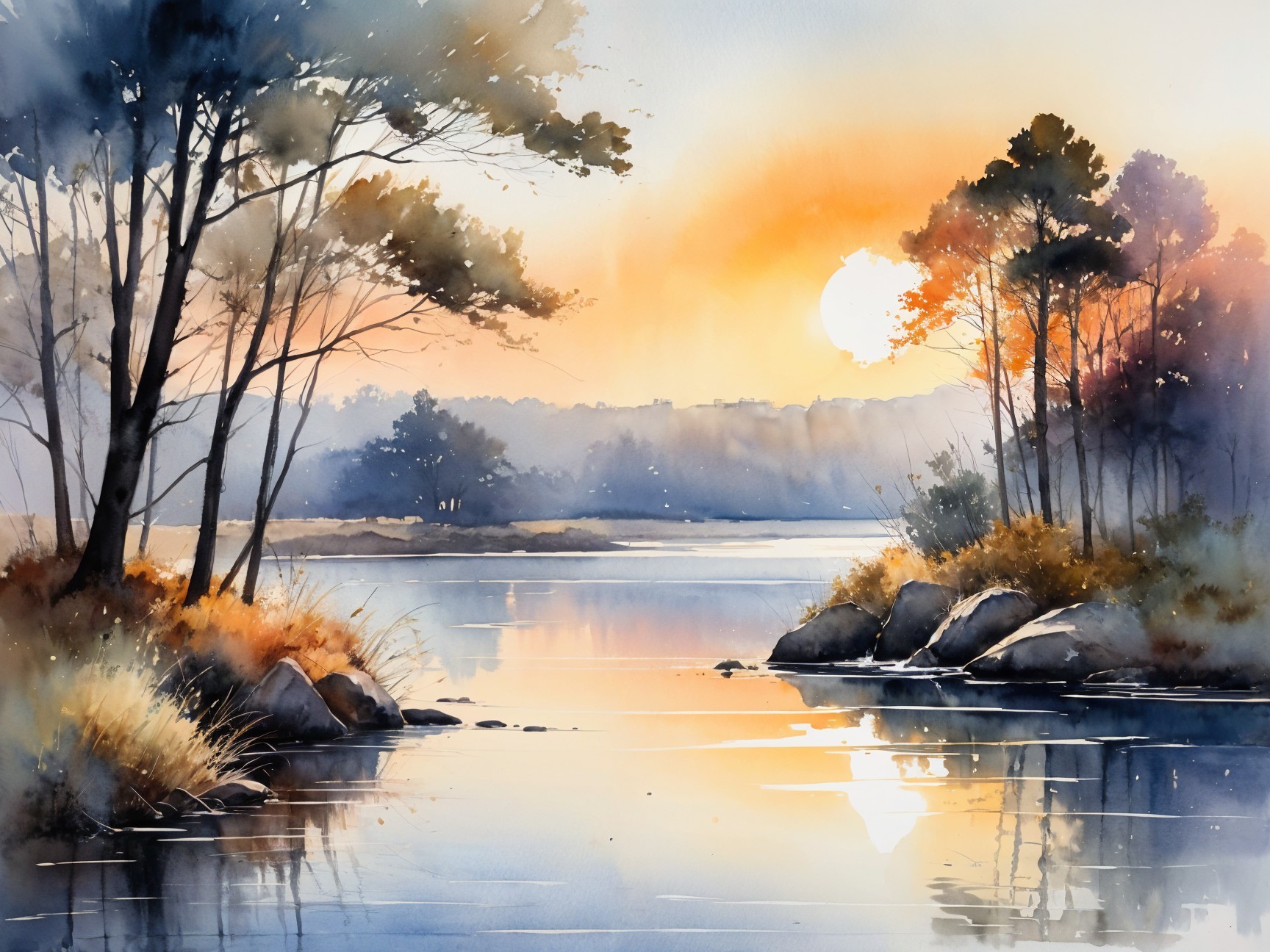 Serene Sunset Reflection on Calm Water Landscape