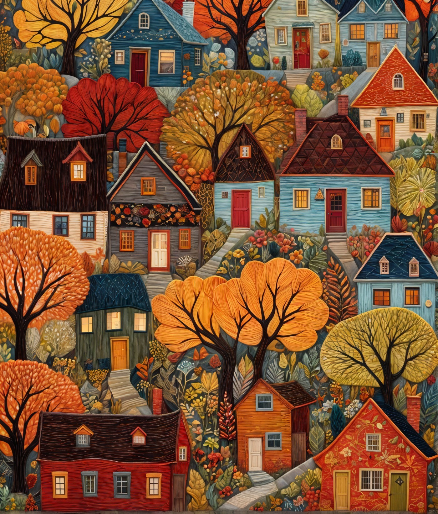Vibrant Autumn Landscape with Charming Neighborhood Homes