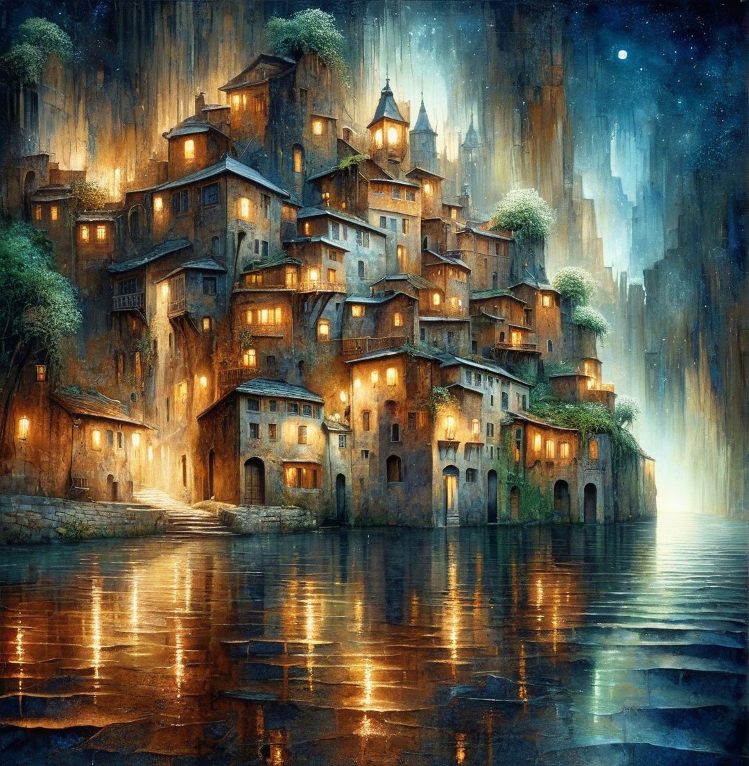 Nighttime View of a Hillside Village with Lights