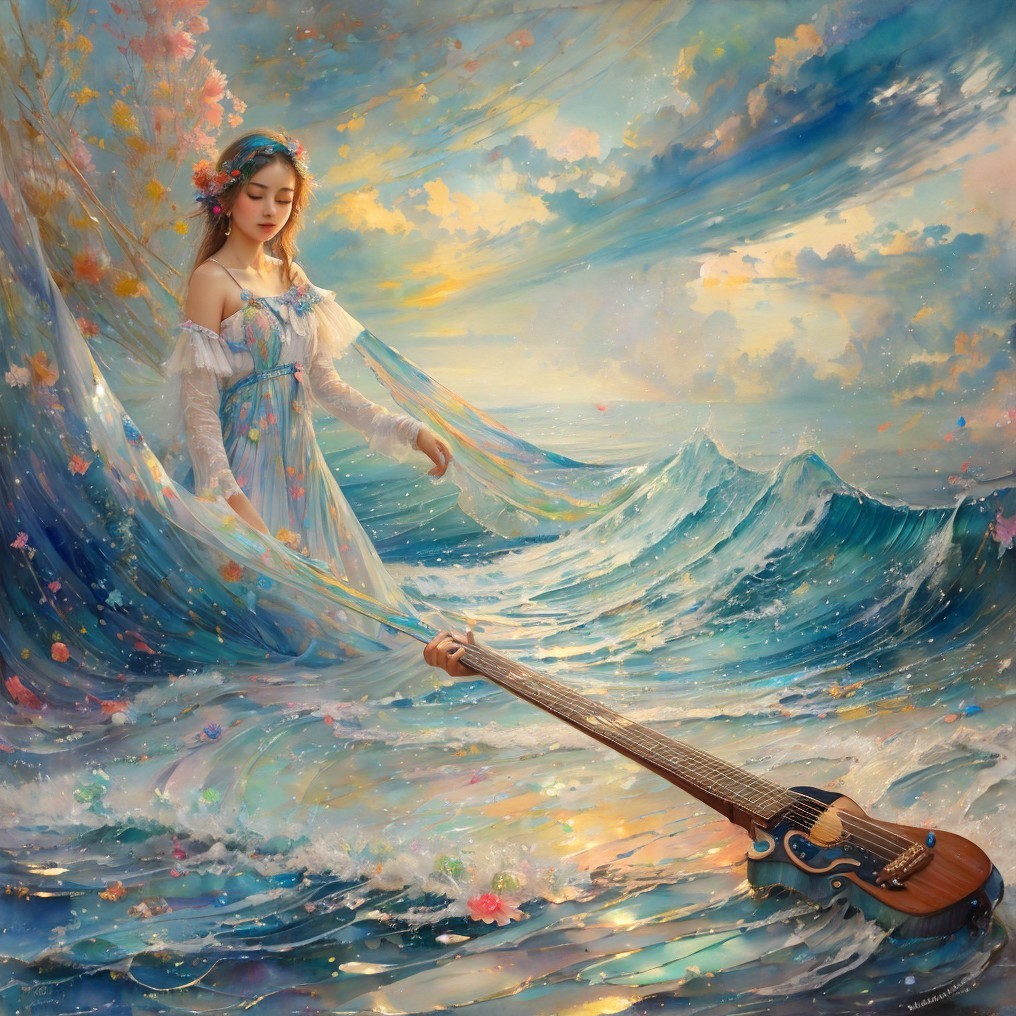 Young Woman in Ethereal Dress Amid Ocean Waves