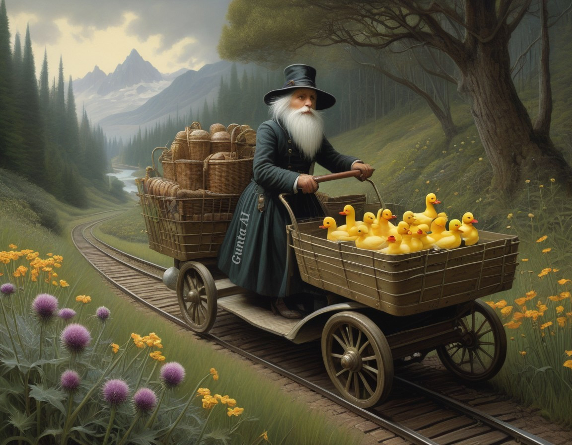 Elderly Figure with Cart on Serene Railway Scene