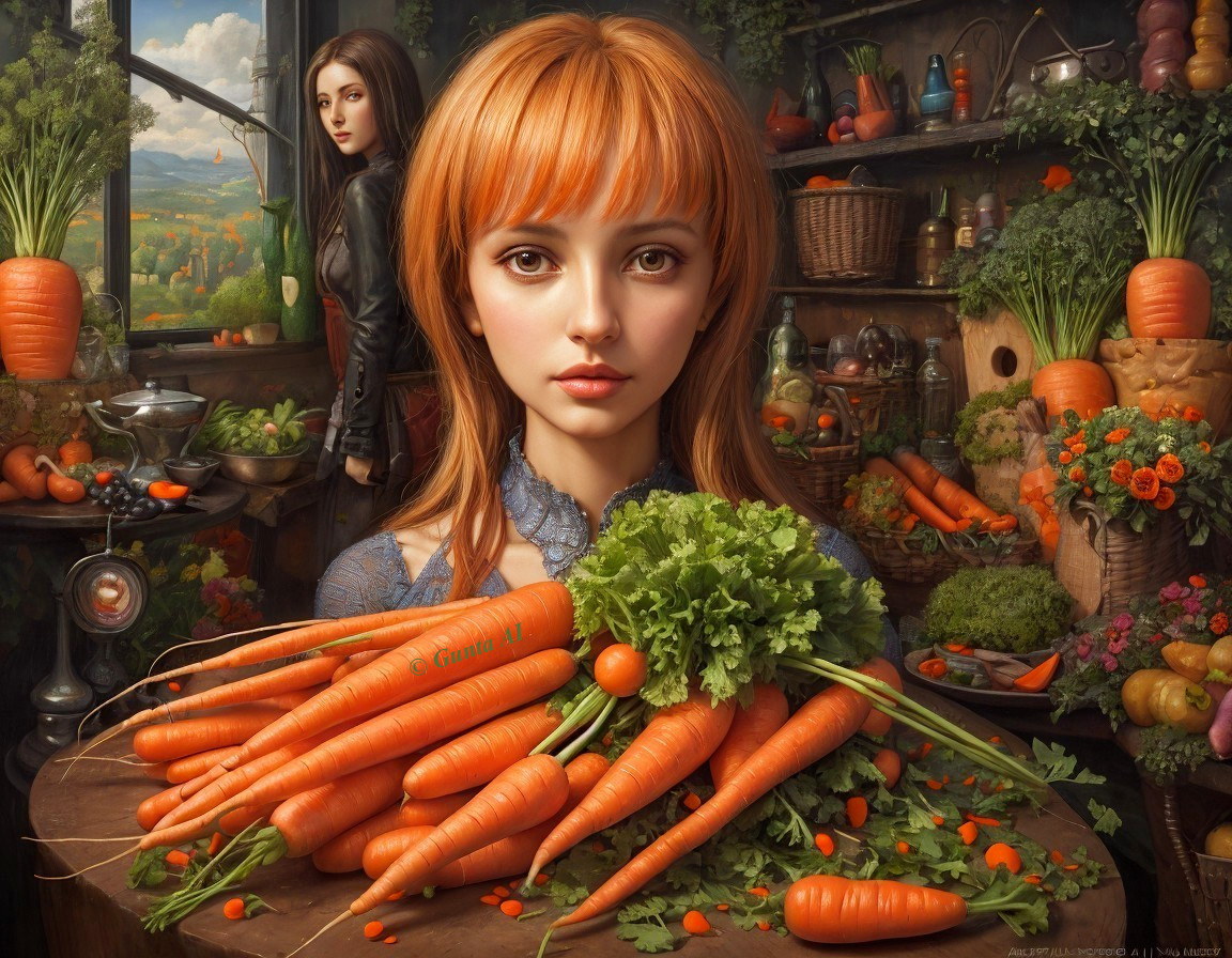 Young Woman with Orange Hair in Rustic Kitchen Scene