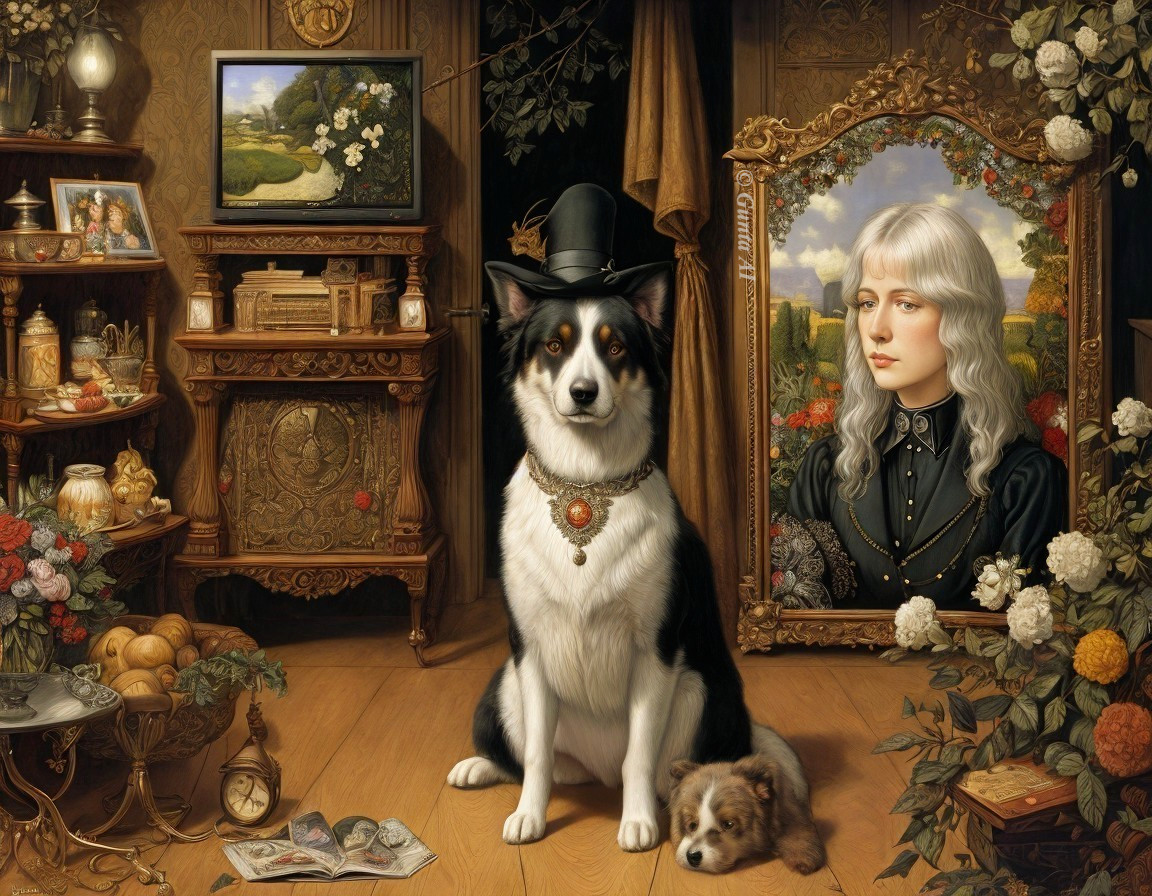 Sophisticated Dog and Puppy in Elegant Room Setting