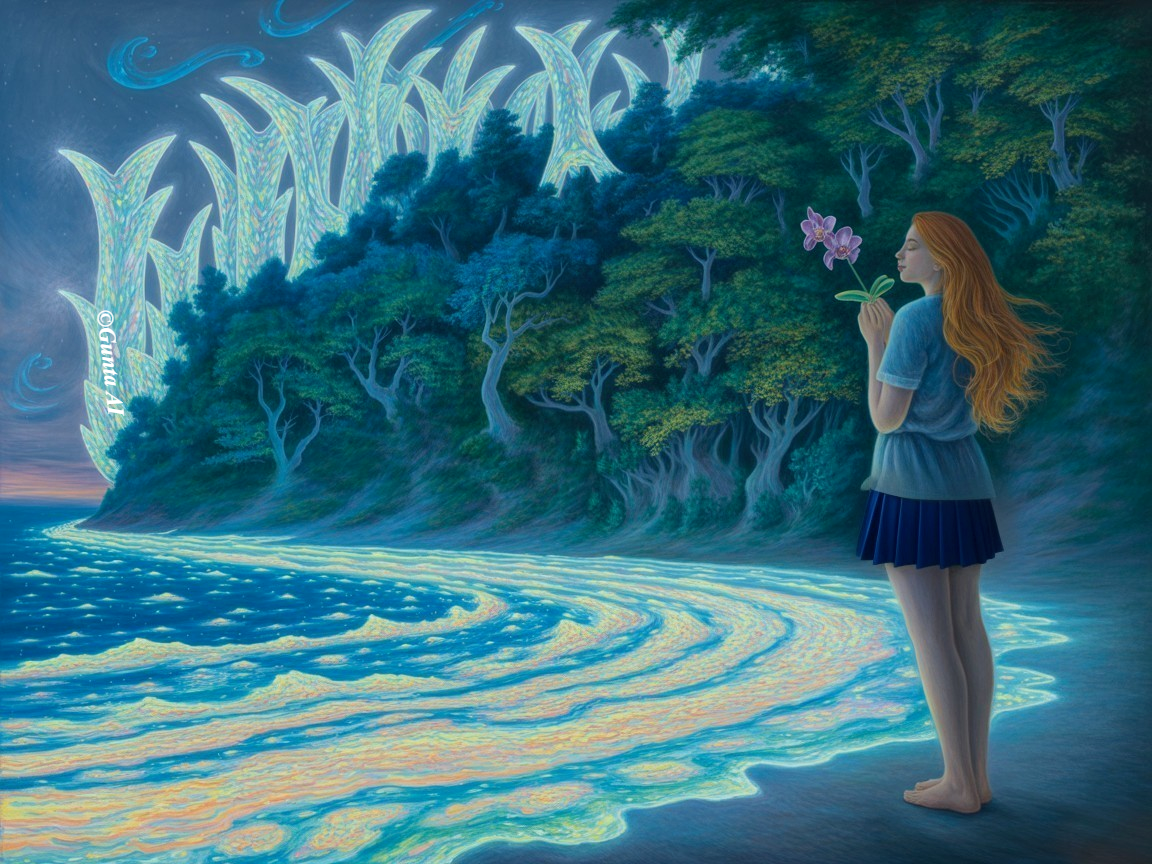Twilight Coastal Scene with Woman and Bioluminescent Forest