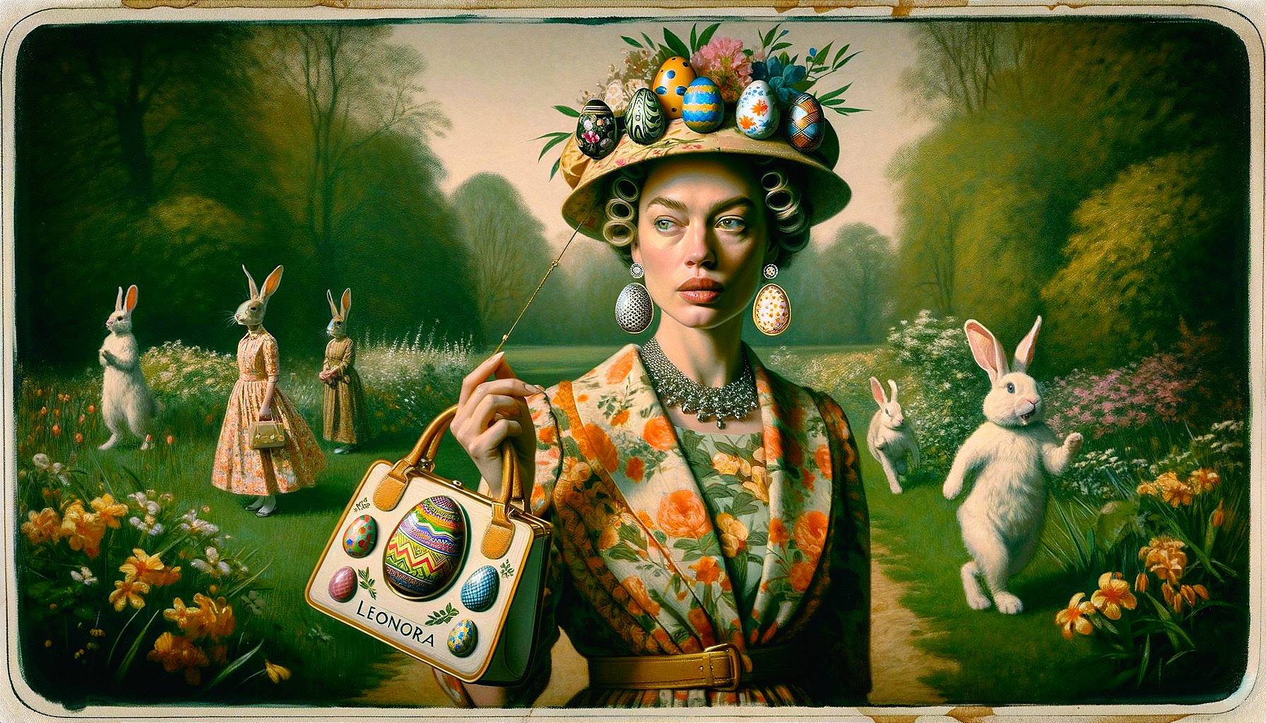 Woman in Floral Dress with Easter Eggs in Garden
