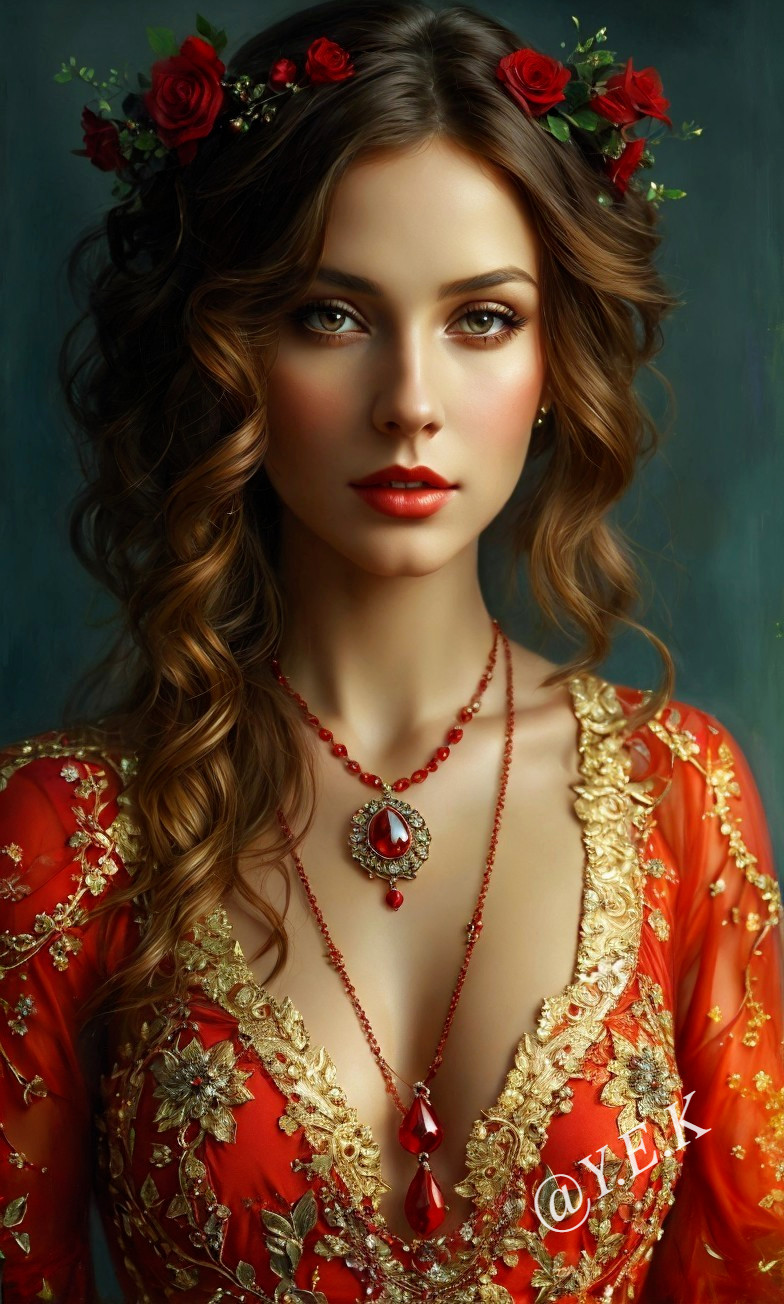 Woman in red dress with floral headband and embroidery