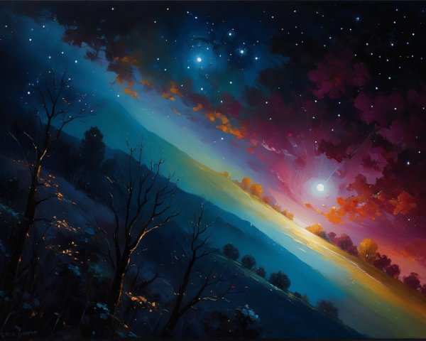 Surreal Twilight Landscape with Colorful Sky and Hills