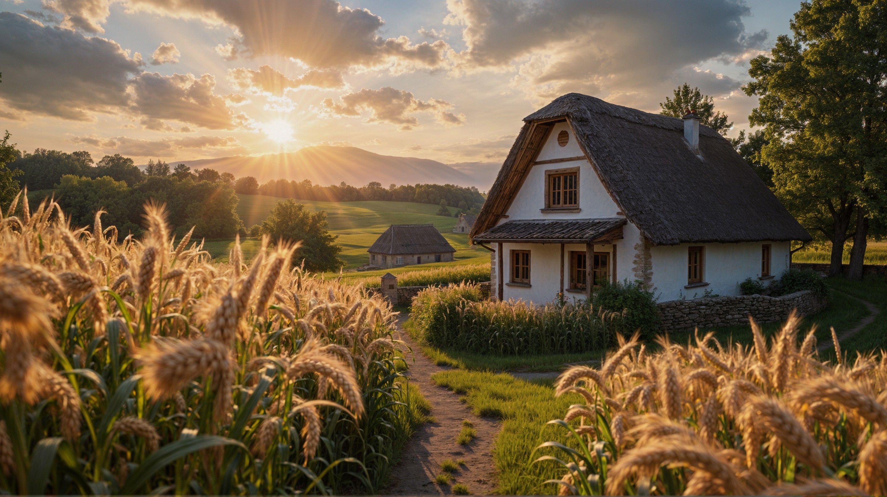 Countryside Scene with Cottage and Wheat Fields