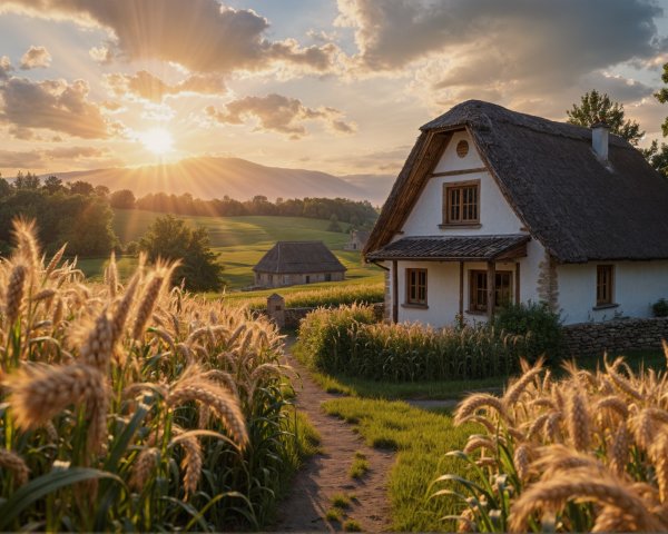 Countryside Scene with Cottage and Wheat Fields