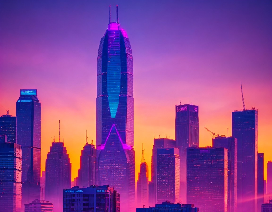 City Skyline Silhouette at Sunset with Purple Sky