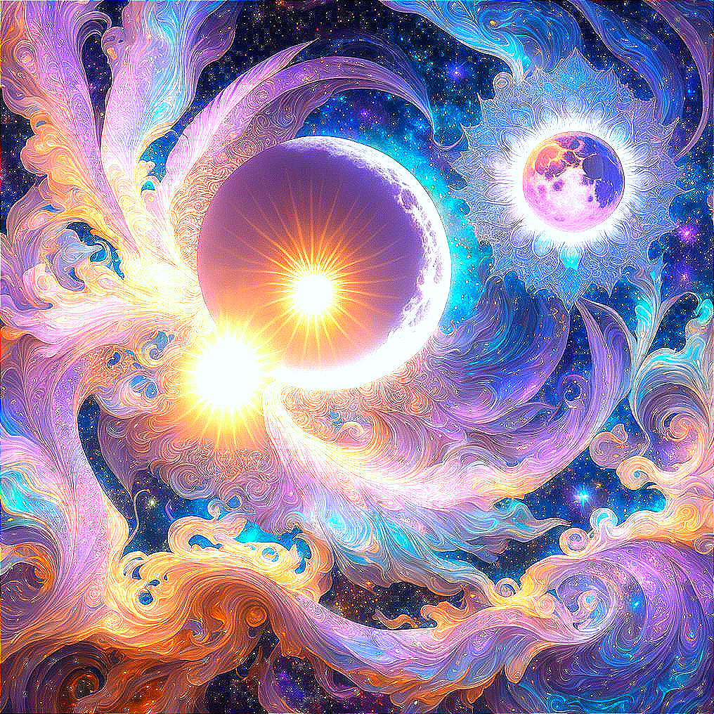 Vibrant Cosmic Scene with Sun, Eclipse, and Moon