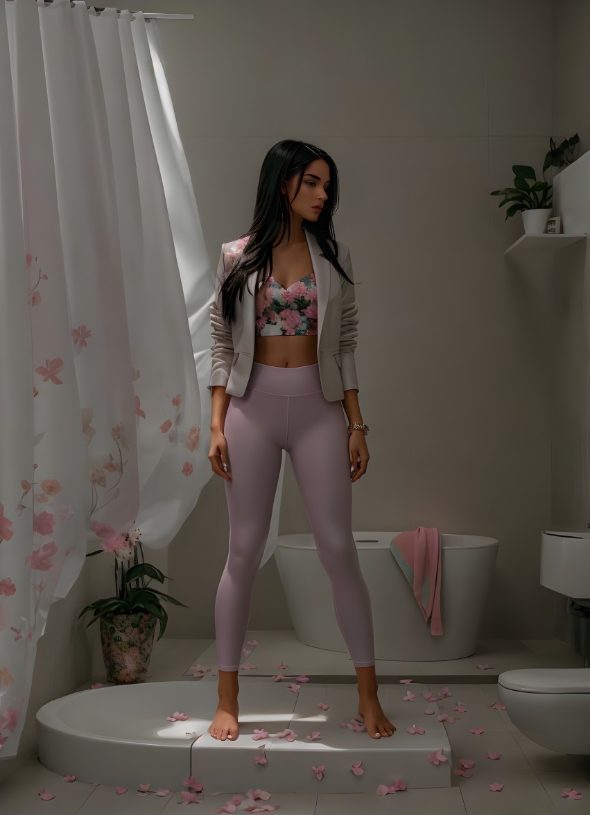 Woman in floral top and purple leggings in bathroom with scattered petals and ambient lighting