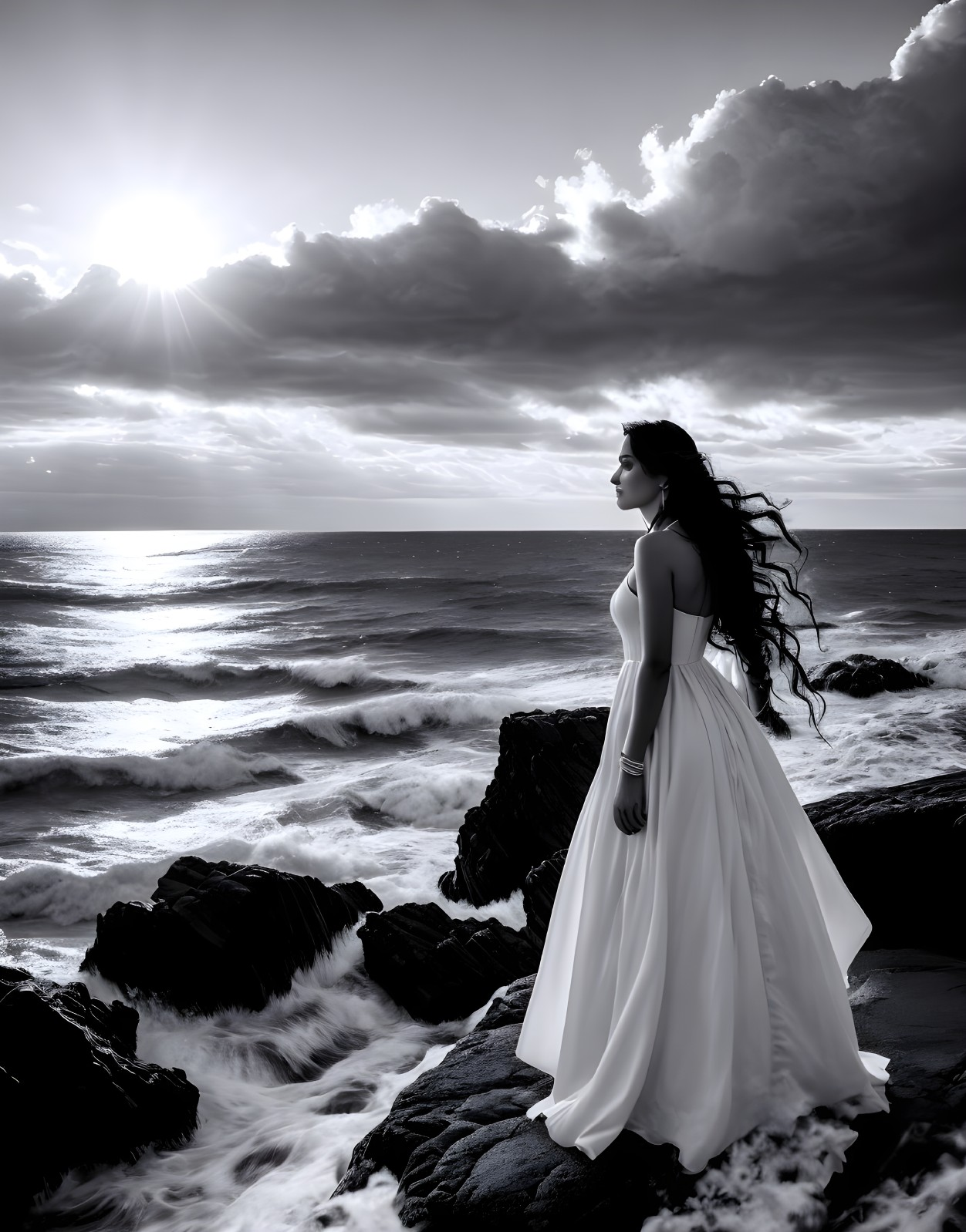 Woman in White Dress on Rocky Shore Under Dramatic Sky