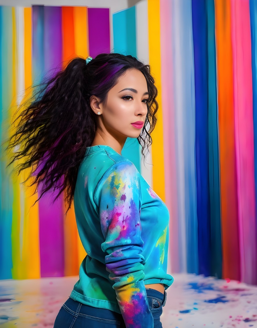 Woman with flowing hair poses in vibrant multicolored top against rainbow backdrop