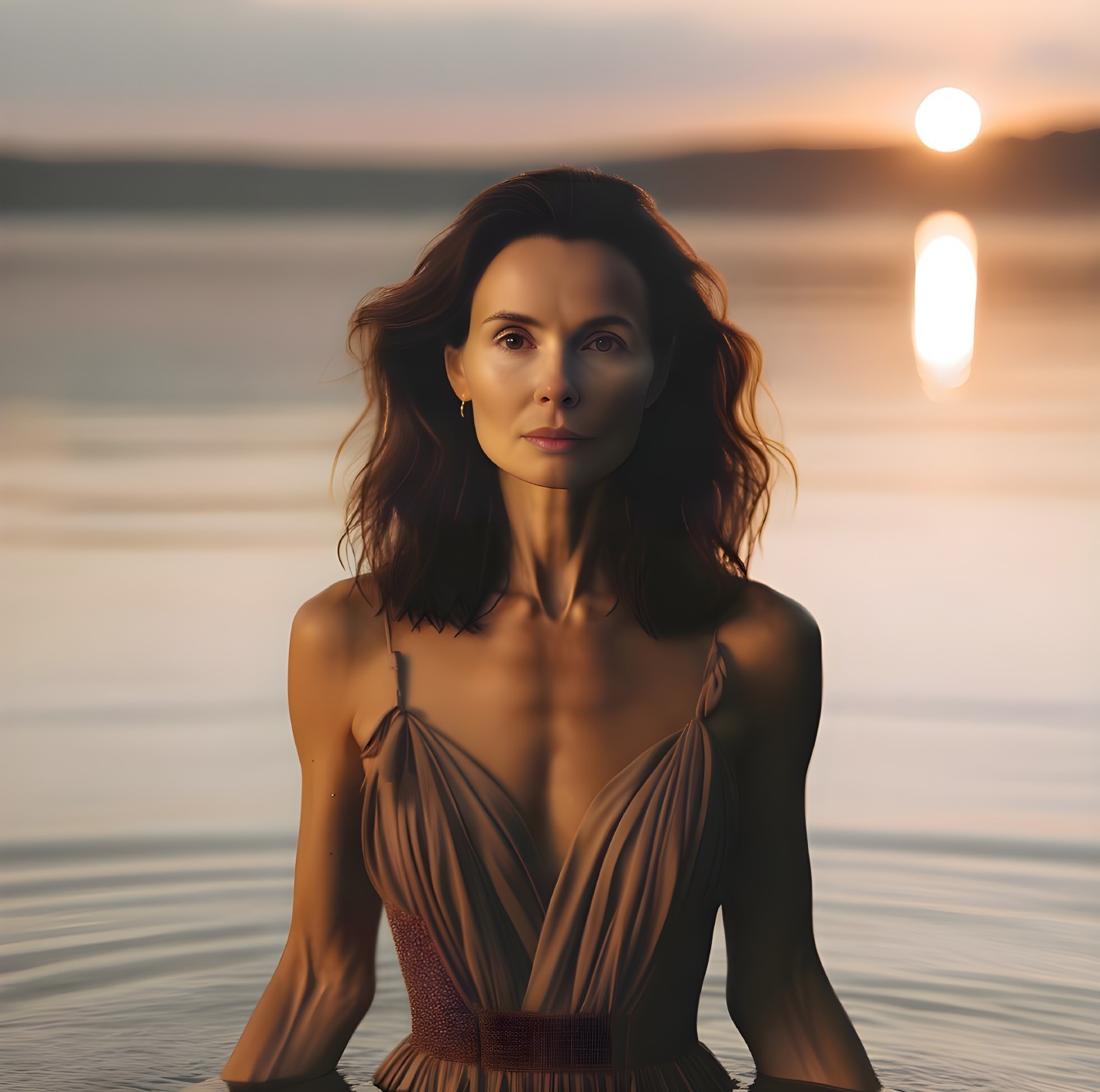 Woman in brown dress by serene lake at sunset.