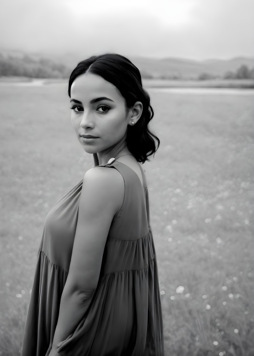 Monochrome photo: Woman in flowing dress, soft-focus landscape.