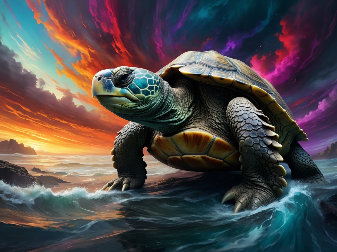Majestic Turtle in Vibrant Ocean Sunset Scene