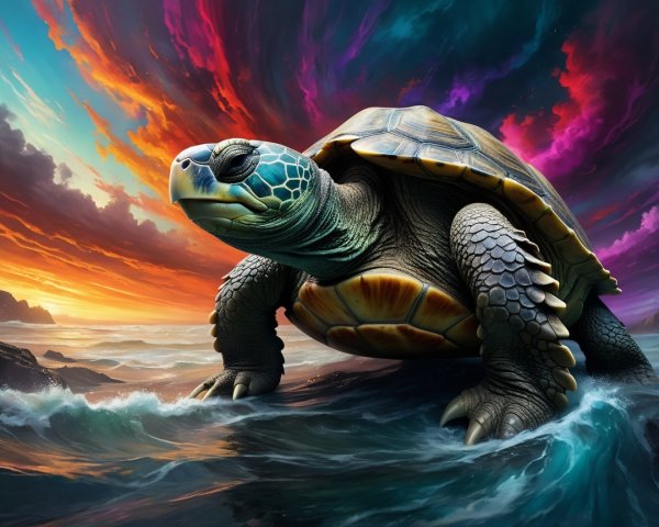 Majestic Turtle in Vibrant Ocean Sunset Scene