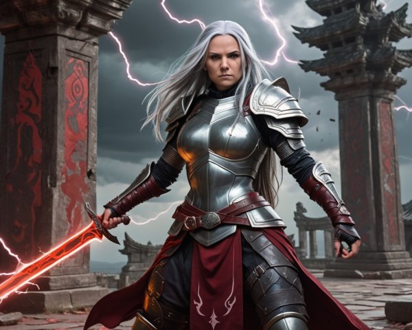 Warrior in Silver Armor Amidst Stormy Landscape