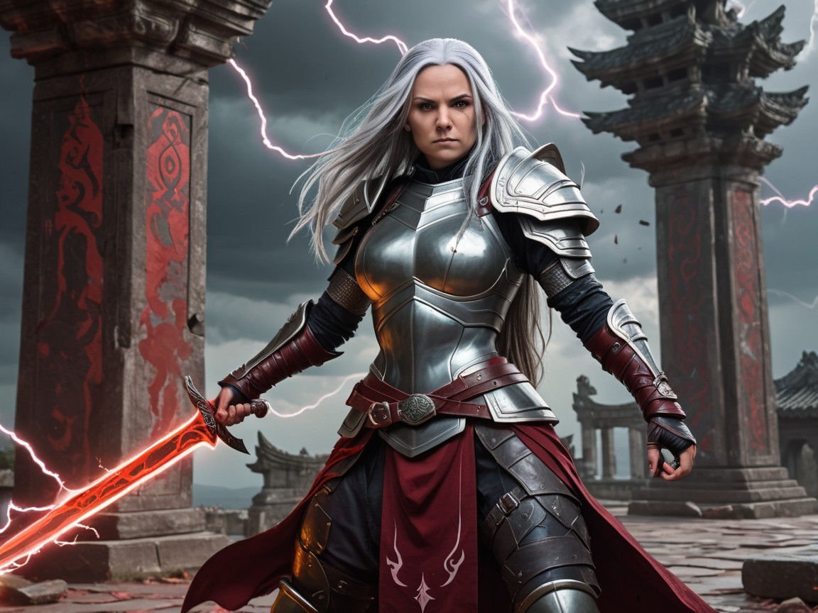 Warrior in Silver Armor Amidst Stormy Landscape