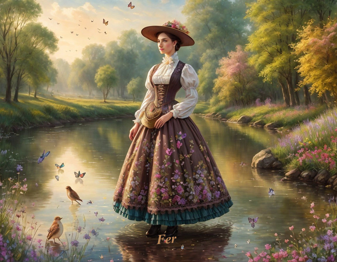 Woman in Floral Dress by Tranquil River Scene