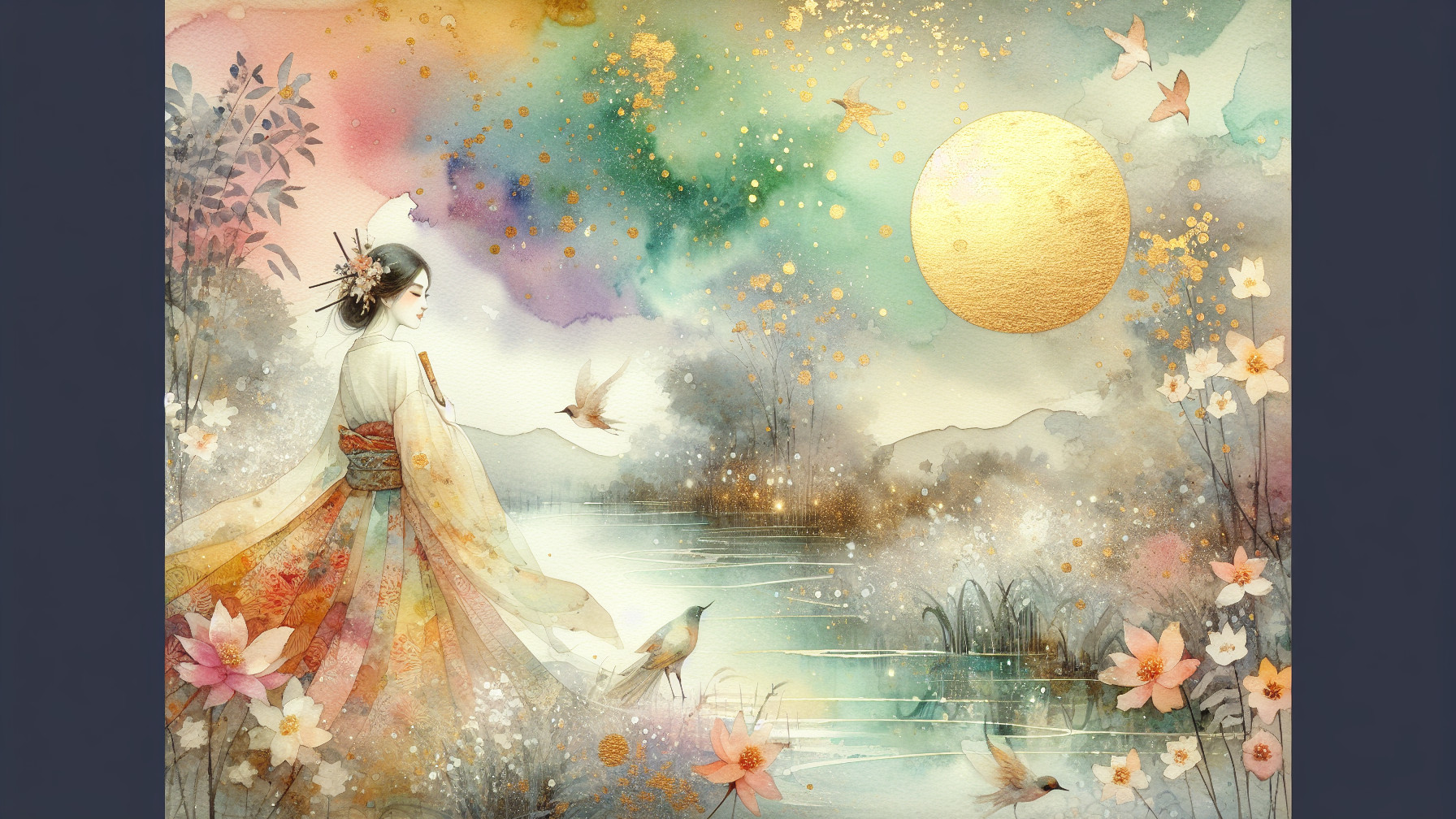 Watercolor Scene of Figure by Tranquil Pond