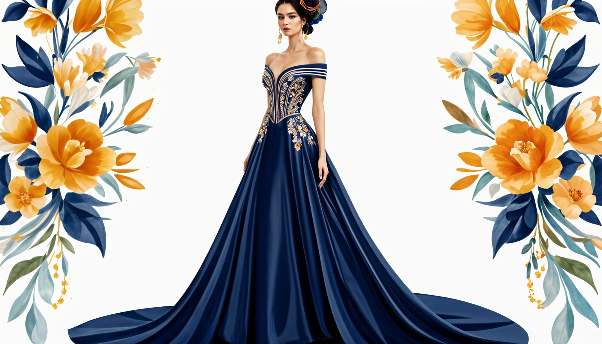 Elegant navy blue gown with floral embroidery and train