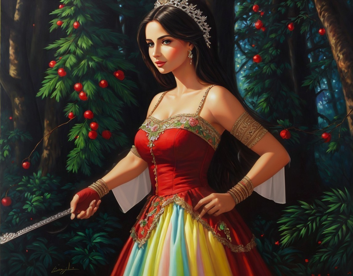 Elegant Woman in Vibrant Forest with Sword and Tiara
