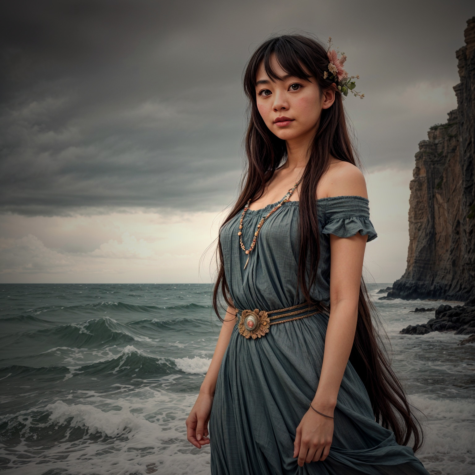Young Woman in Teal Gown by Turbulent Sea Shore