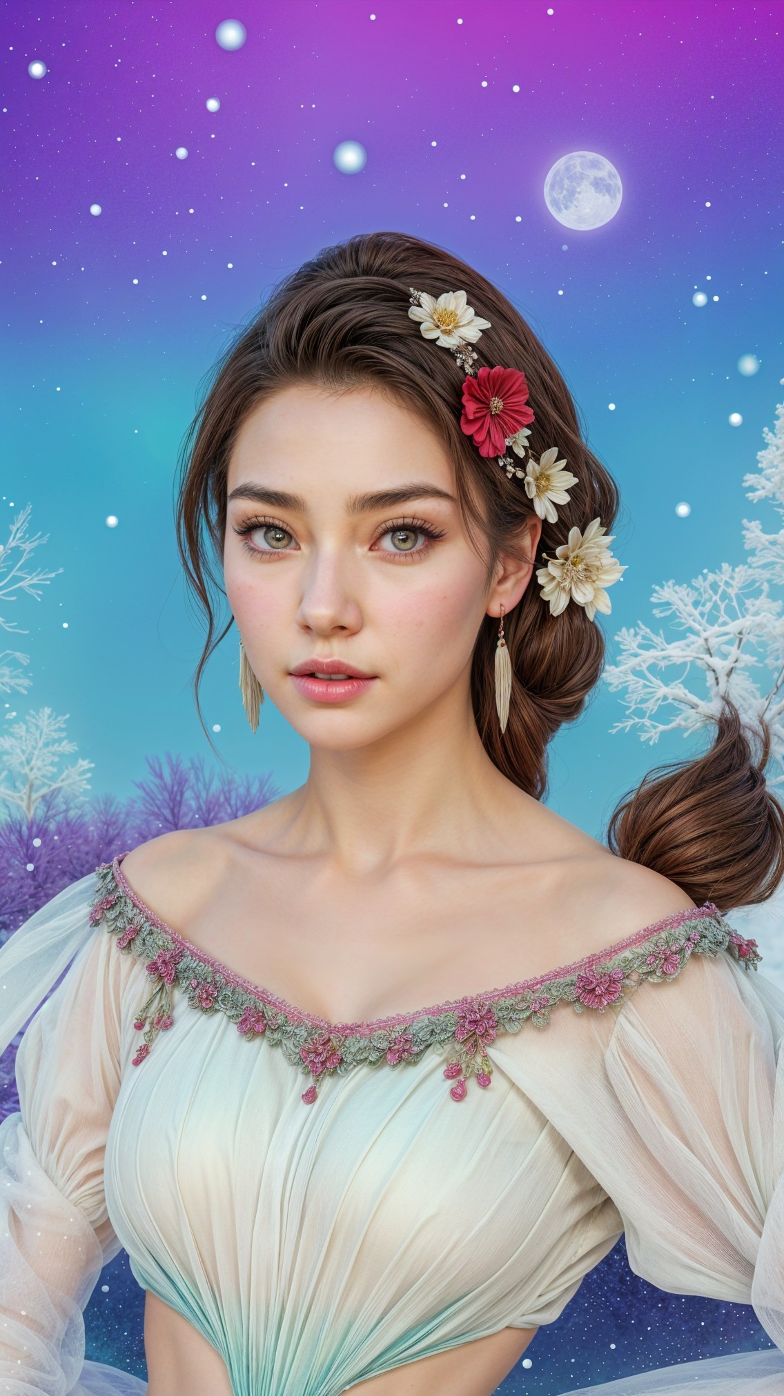 Young woman in floral gown under a night sky