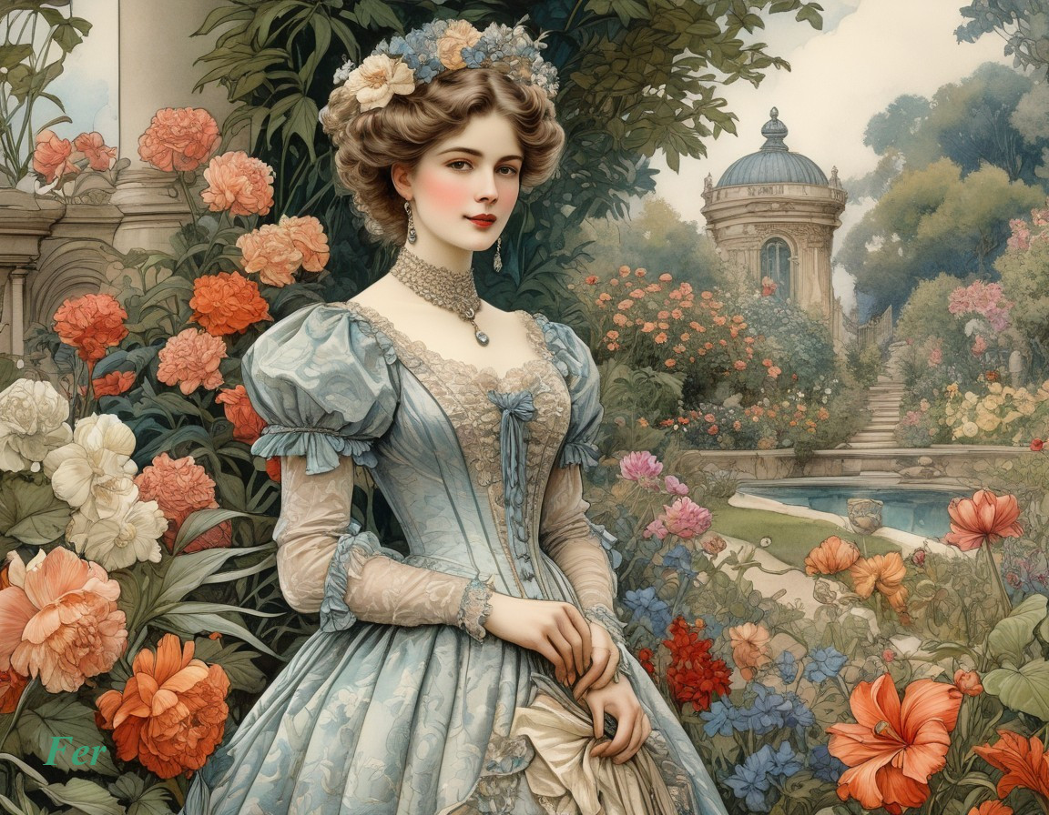 Young woman in pale blue gown in a lush garden
