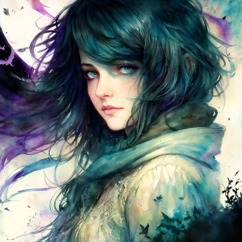 Young woman with teal hair in a dreamlike setting