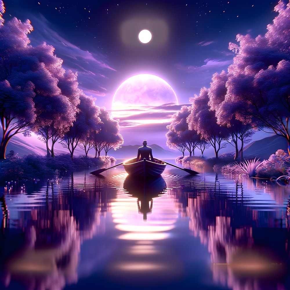 Solitary Figure in Boat Under Luminous Moonlight